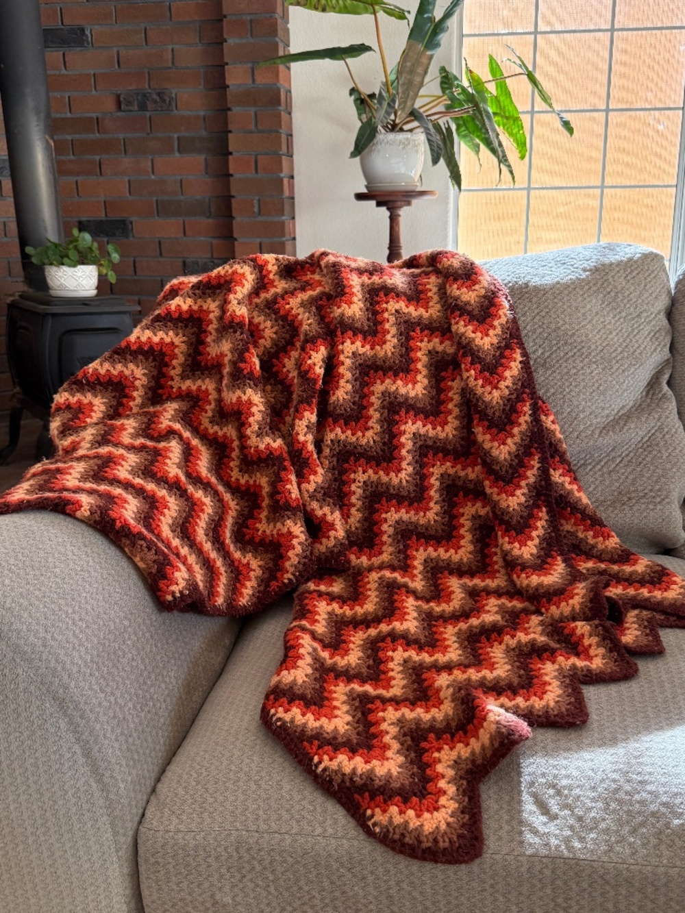 Handmade Crochet Afghan Blanket Earth Fall Chevron Zig Zag Long Couch Throw 70s